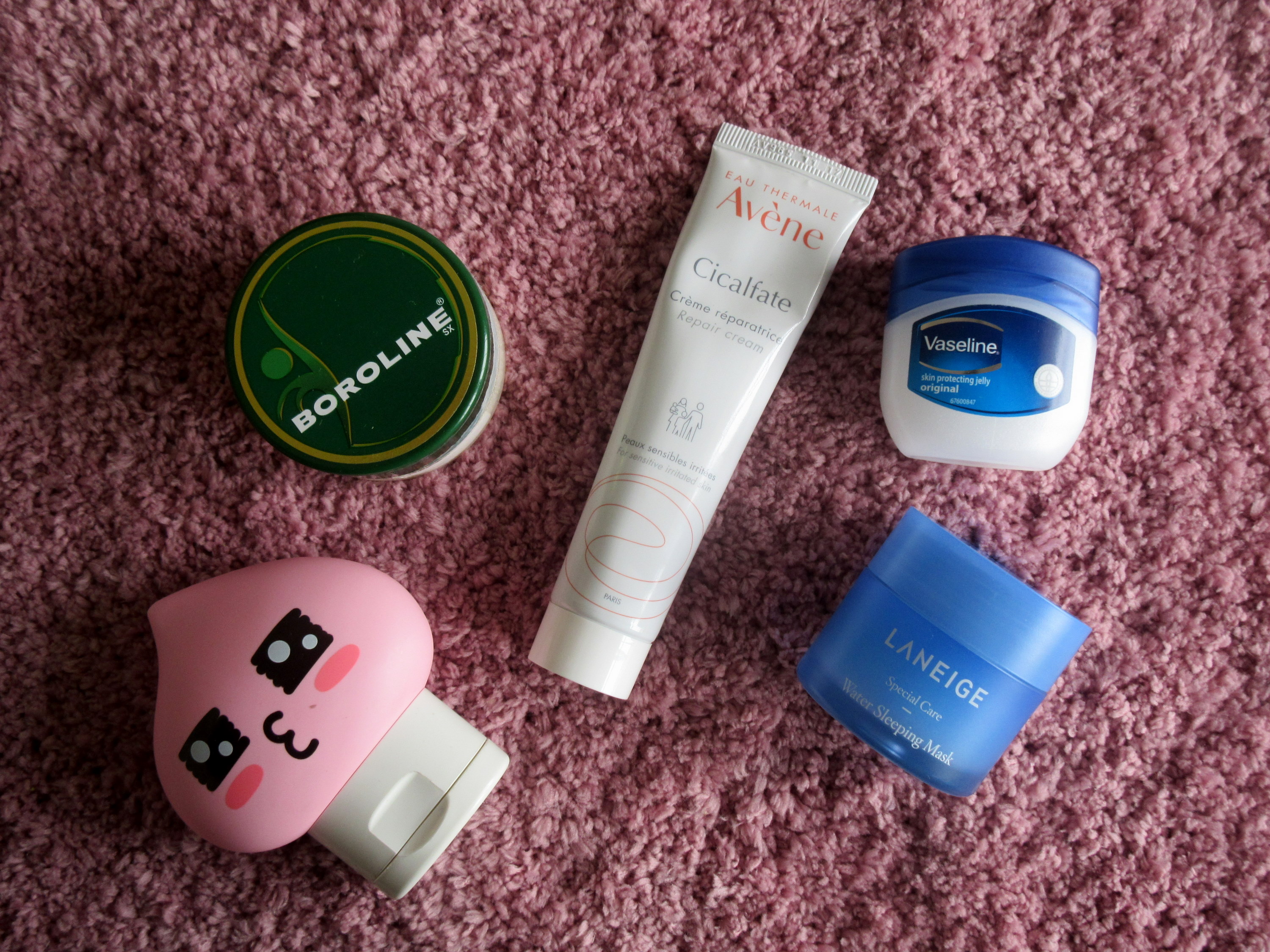 avene cicalfate repair cream, laneige water sleeping mask, boroline, vaseline