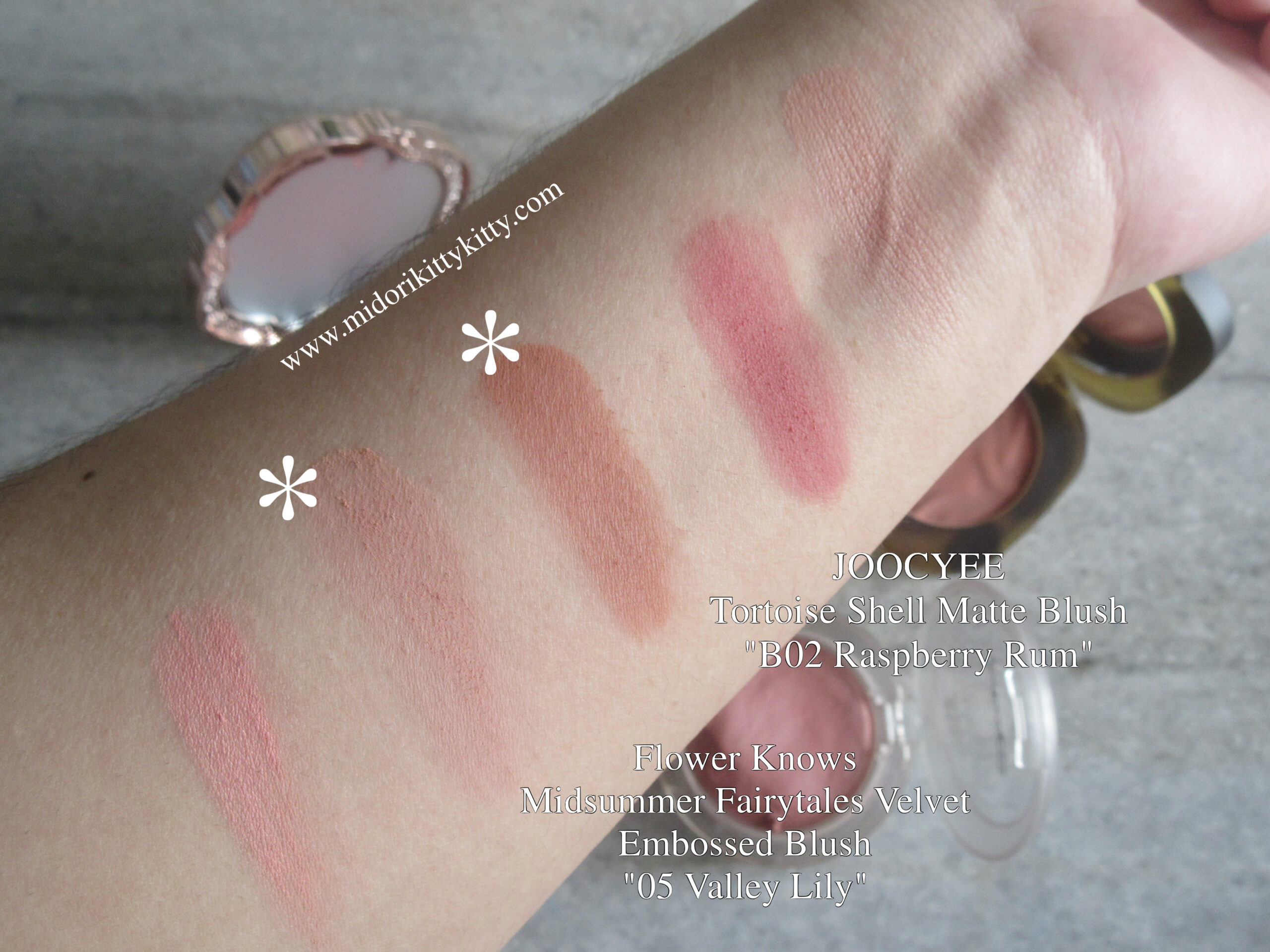 flower knows valley lily, colorgram tintin dory blur jam hazelnut pink, mac glow play blush blush please, missha cotton blusher mama's camel coat, flower knows paradise poet, joocyee tortoise shell matte blush raspberry rum