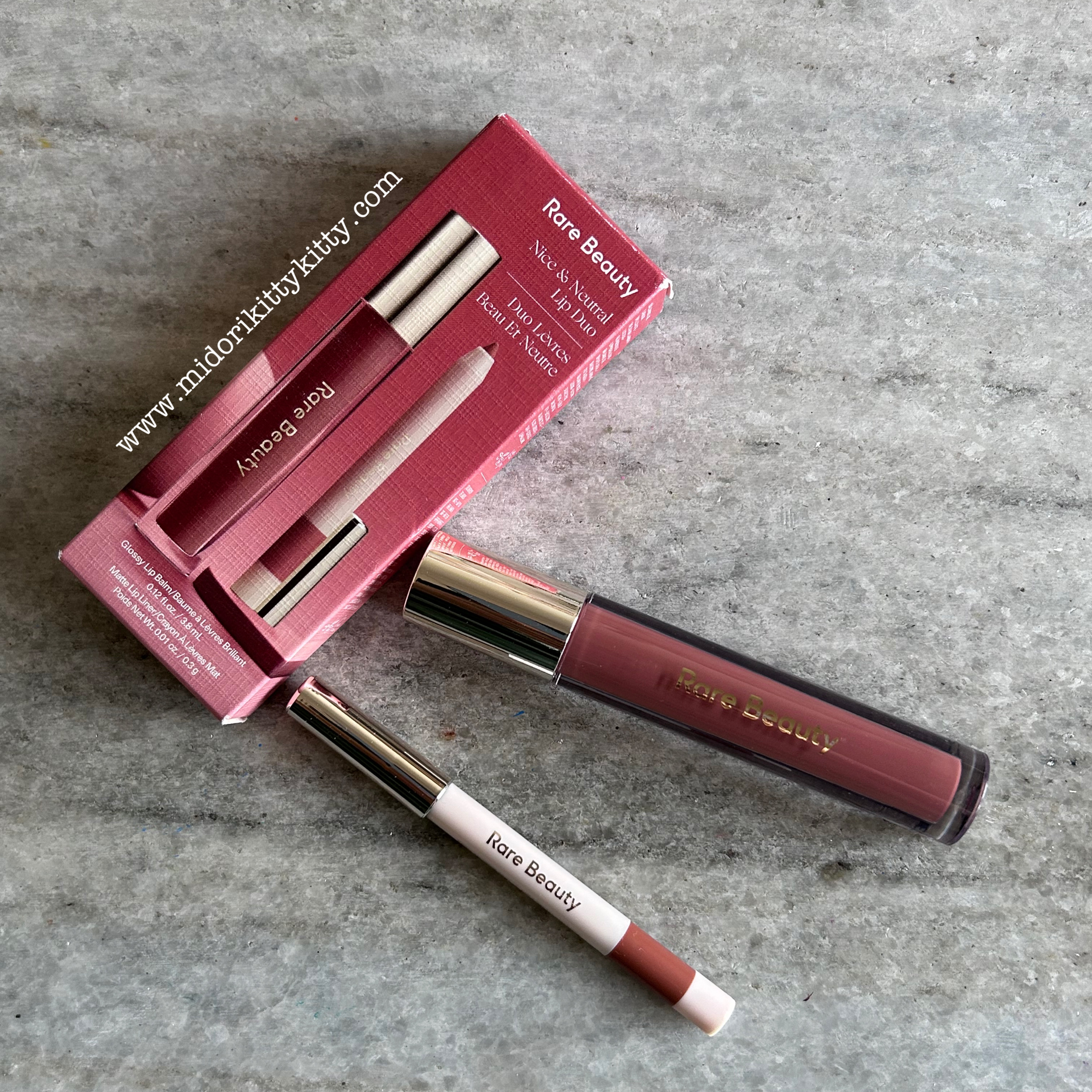 rare beauty nice & neutral lip duo, rare beauty Stay Vulnerable Glossy Lip Balm nearly neutral, rare beauty Mini Kind Words Matte Lip Liner patient