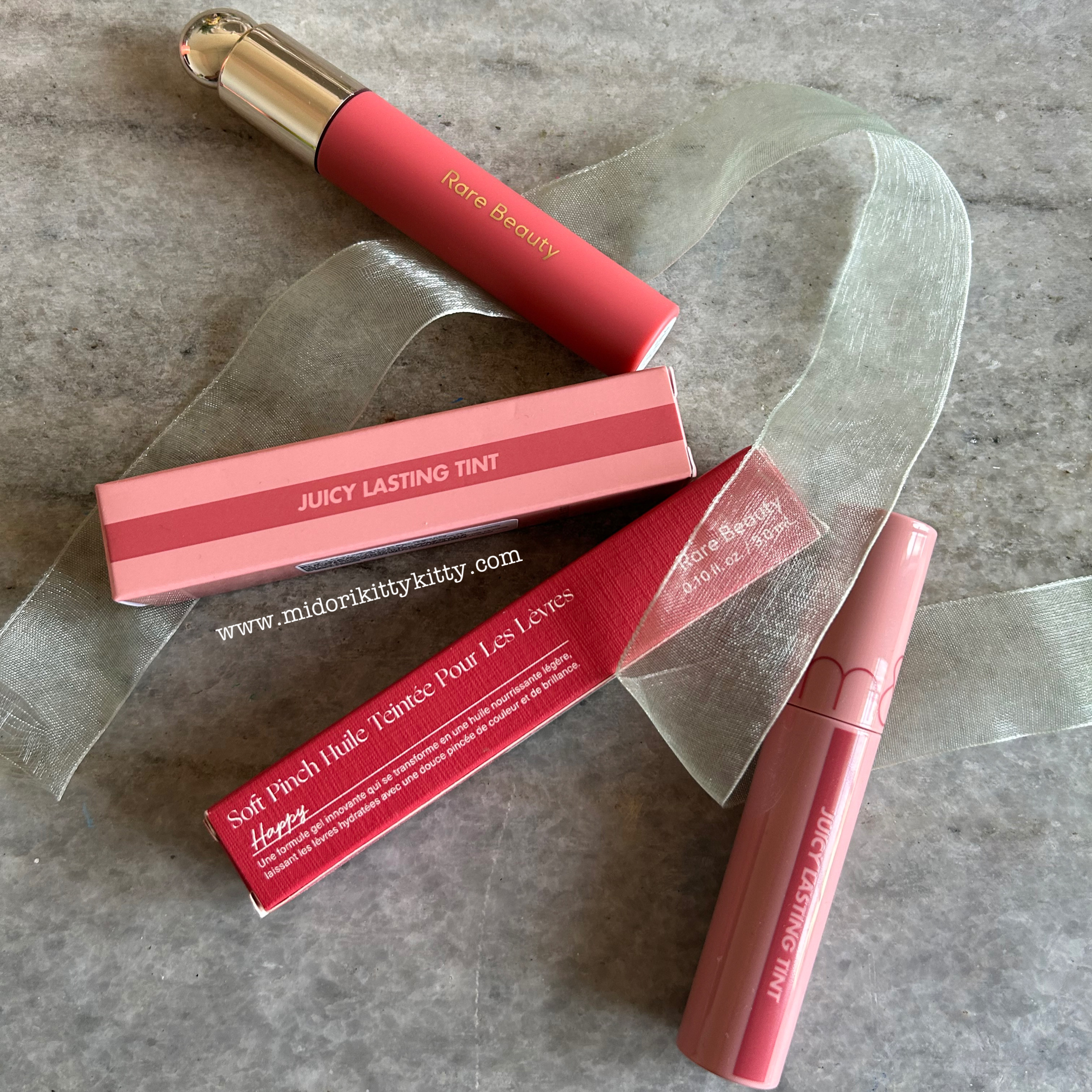rom&nd juicy lasting tint, rom&nd tint, rare beauty soft pinch tinted lip oil, rare beauty lip oil